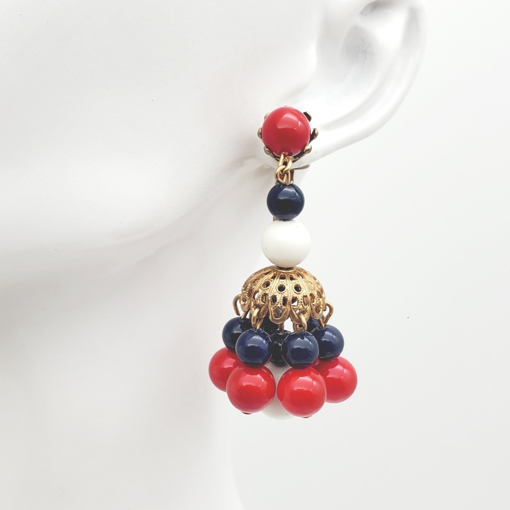 Cha Cha Earrings Red White Blue Beaded Dangle Clip On Vintage 50s Patriotic USA‎
